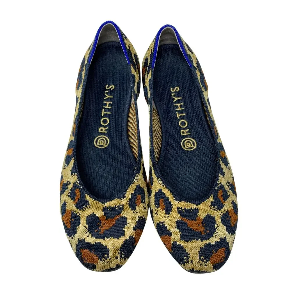 Rothys The Flat Round Toe In Midnight Spot Womens Size 8 Slip On Flats Leopard